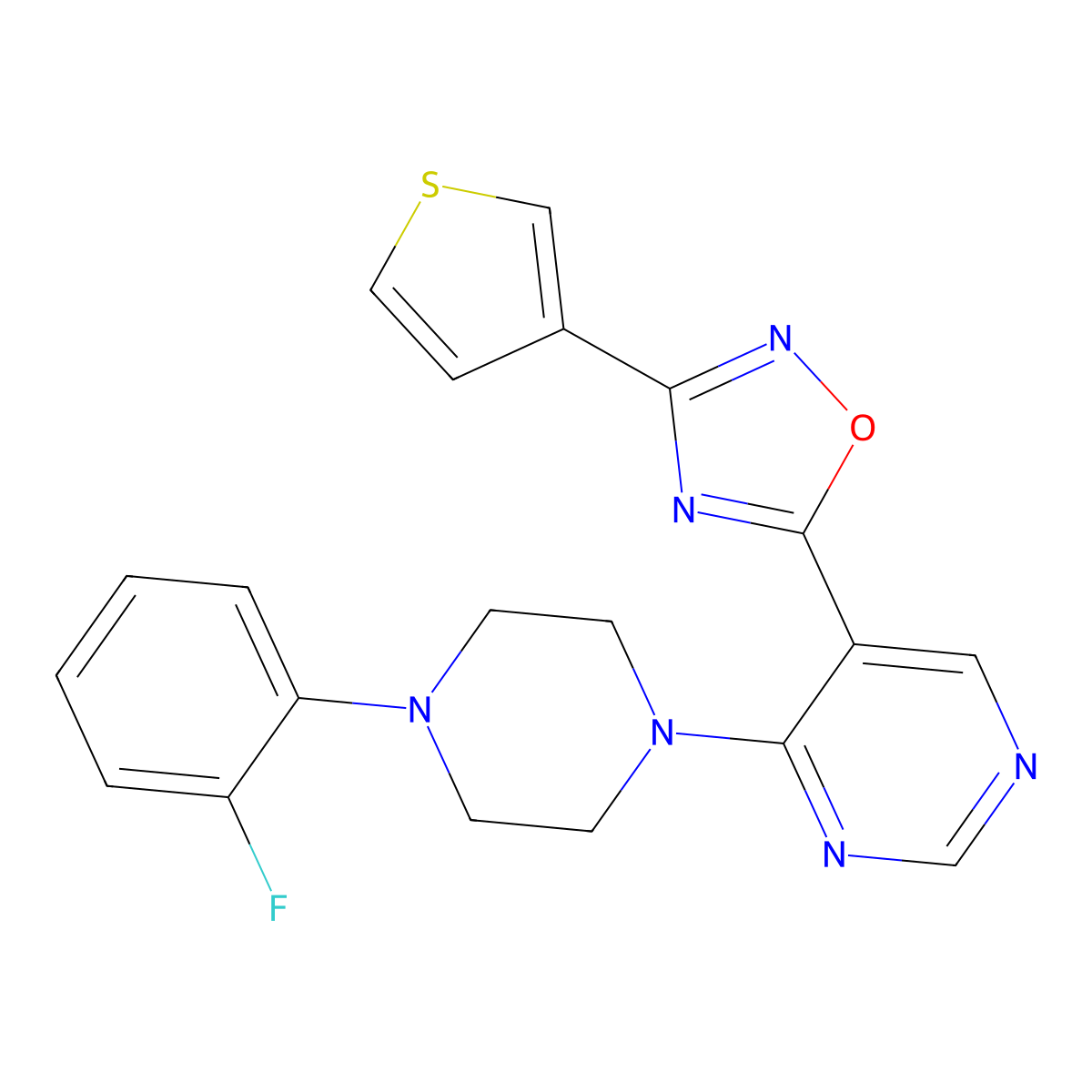 5-(4-(4-(2-Fluorophenyl)piperazin-1-yl)pyrimidin-5-yl)-3-(thiophen-3-yl)-1,2,4-oxadiazole molecular structure, CAS 2034244-41-0