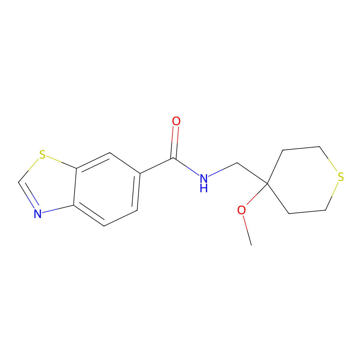 N-((4-methoxytetrahydro-2H-thiopyran-4-yl)methyl)benzo[d]thiazole-6-carboxamide molecular structure, CAS 2034244-44-3
