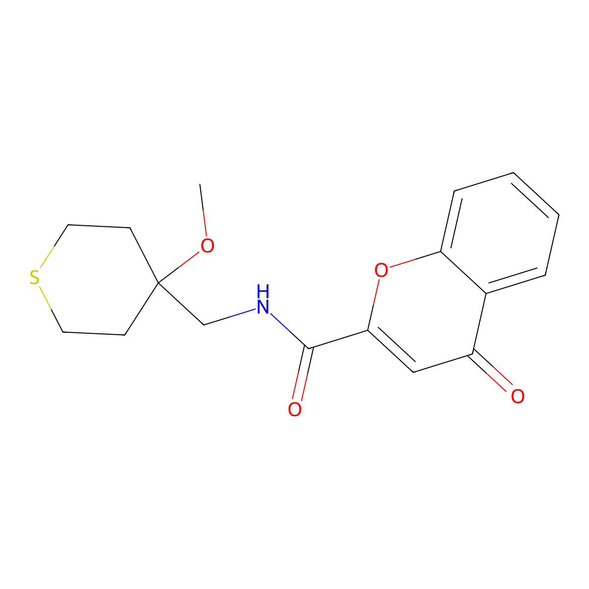 N-((4-methoxytetrahydro-2H-thiopyran-4-yl)methyl)-4-oxo-4H-chromene-2-carboxamide molecular structure, CAS 2034244-47-6