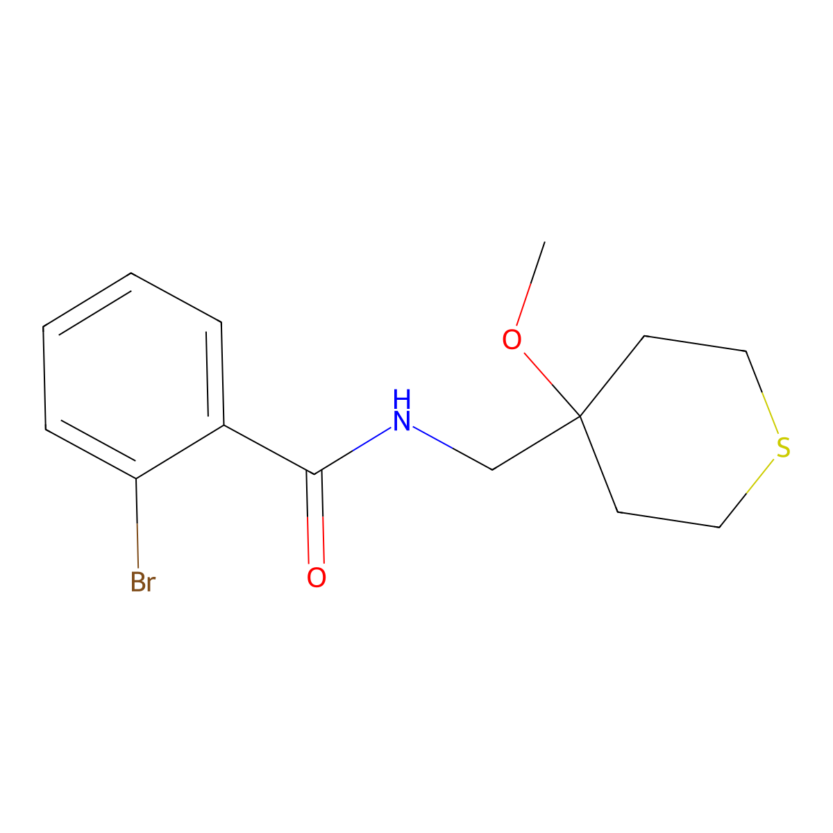 2-bromo-N-((4-methoxytetrahydro-2H-thiopyran-4-yl)methyl)benzamide molecular structure, CAS 2034244-49-8