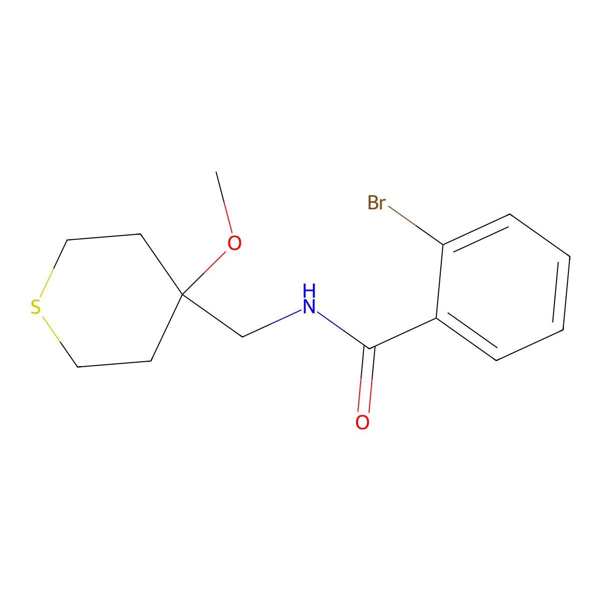 2-bromo-N-((4-methoxytetrahydro-2H-thiopyran-4-yl)methyl)benzamide molecular structure, CAS 2034244-49-8