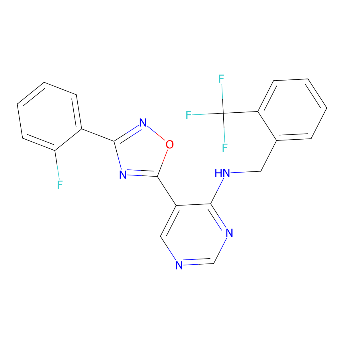 5-(3-(2-fluorophenyl)-1,2,4-oxadiazol-5-yl)-N-(2-(trifluoromethyl)benzyl)pyrimidin-4-amine molecular structure, CAS 2034244-53-4