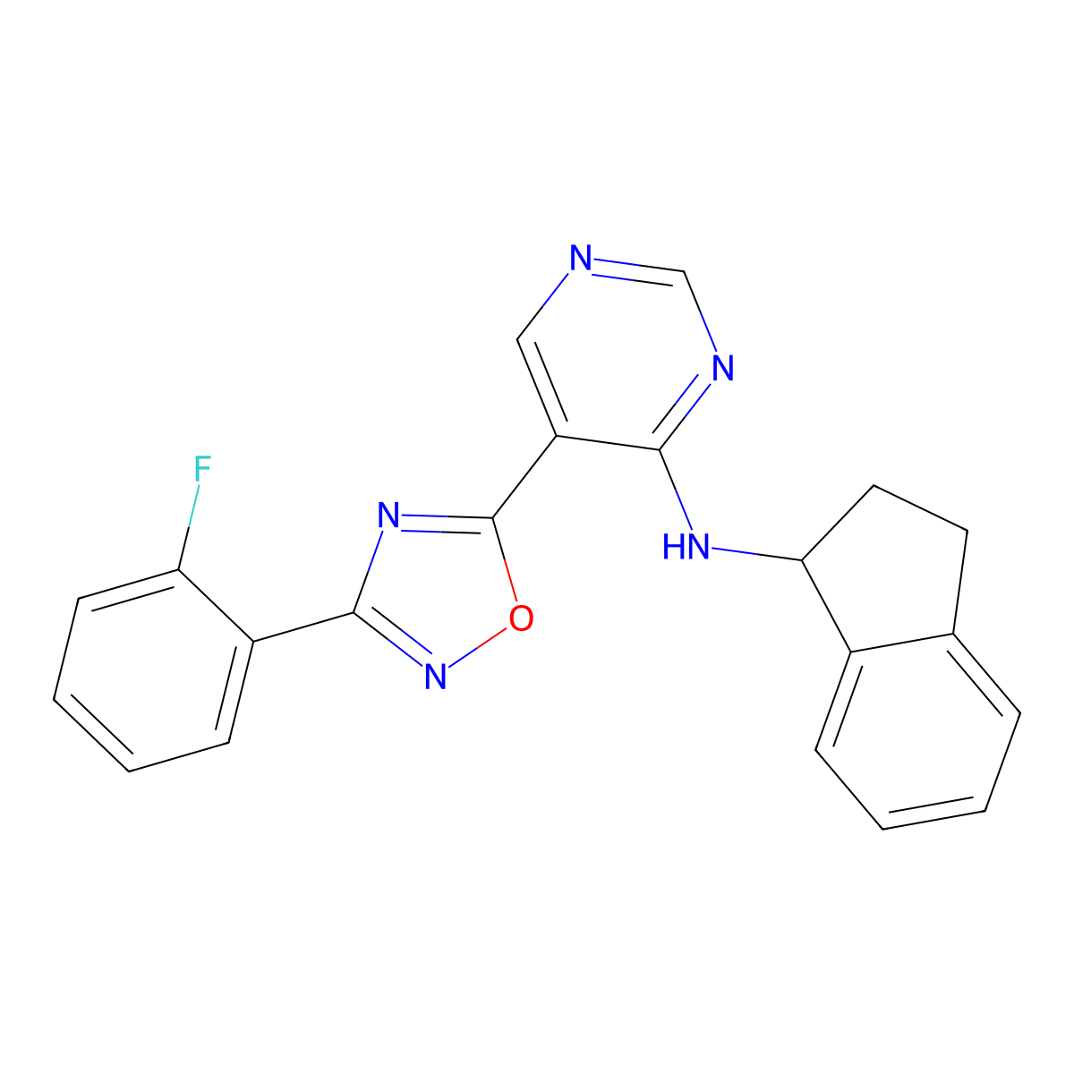 N-(2,3-dihydro-1H-inden-1-yl)-5-[3-(2-fluorophenyl)-1,2,4-oxadiazol-5-yl]pyrimidin-4-amine molecular structure, CAS 2034244-55-6