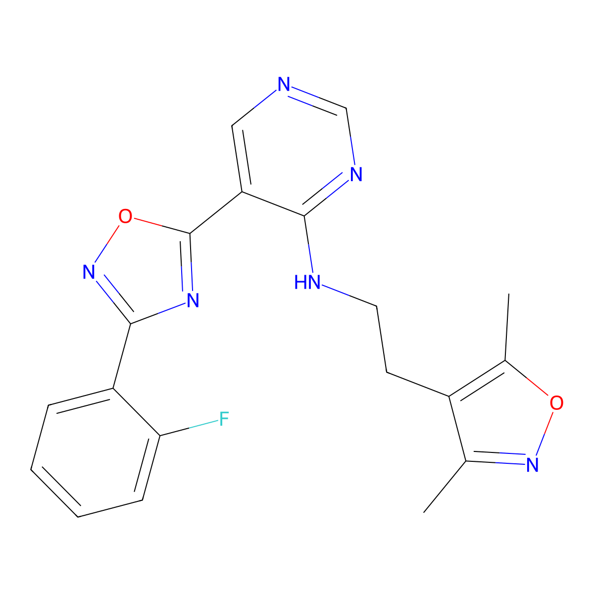 N-(2-(3,5-dimethylisoxazol-4-yl)ethyl)-5-(3-(2-fluorophenyl)-1,2,4-oxadiazol-5-yl)pyrimidin-4-amine molecular structure, CAS 2034244-58-9