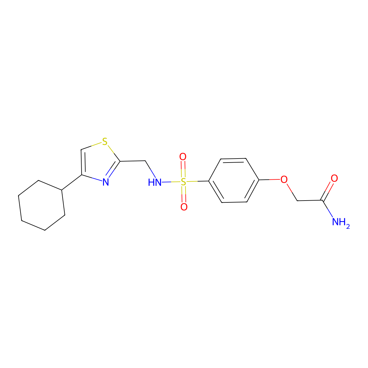 2-(4-(N-((4-cyclohexylthiazol-2-yl)methyl)sulfamoyl)phenoxy)acetamide molecular structure, CAS 2034244-61-4