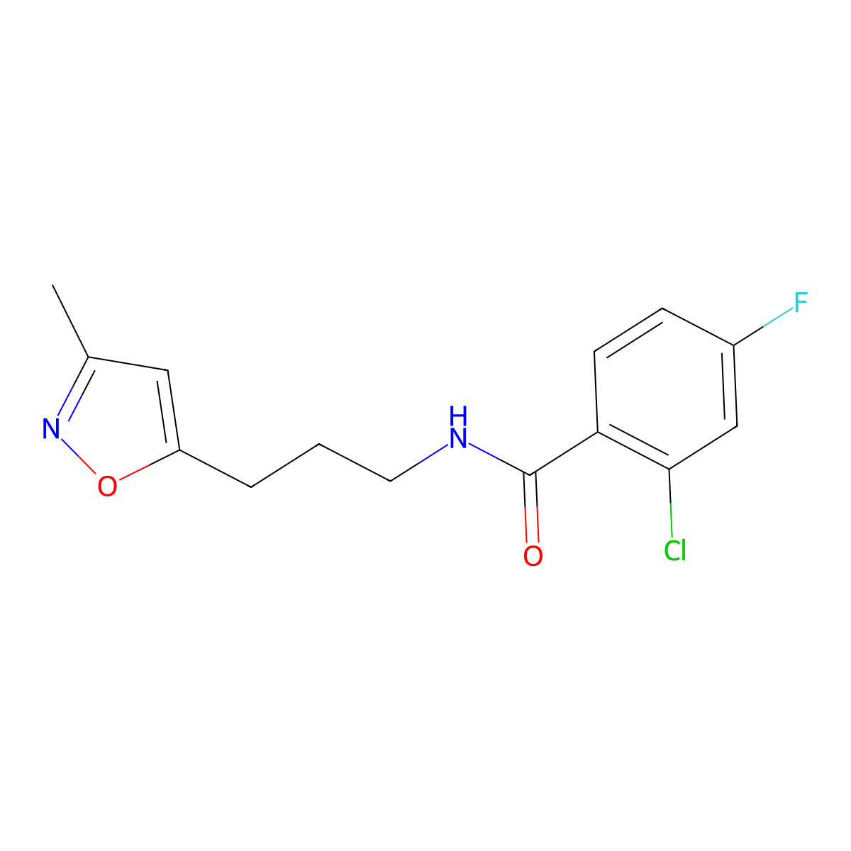2-chloro-4-fluoro-N-(3-(3-methylisoxazol-5-yl)propyl)benzamide molecular structure, CAS 2034244-72-7
