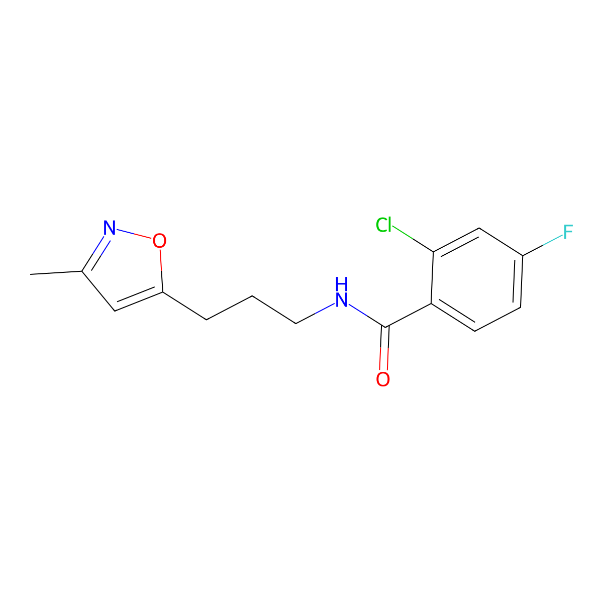 2-chloro-4-fluoro-N-(3-(3-methylisoxazol-5-yl)propyl)benzamide molecular structure, CAS 2034244-72-7