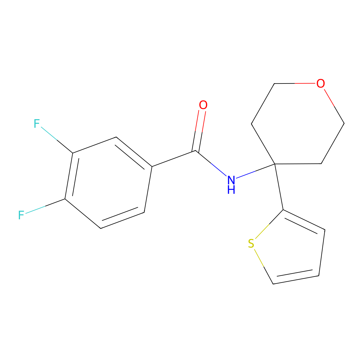 3,4-difluoro-N-(4-(thiophen-2-yl)tetrahydro-2H-pyran-4-yl)benzamide molecular structure, CAS 2034244-74-9
