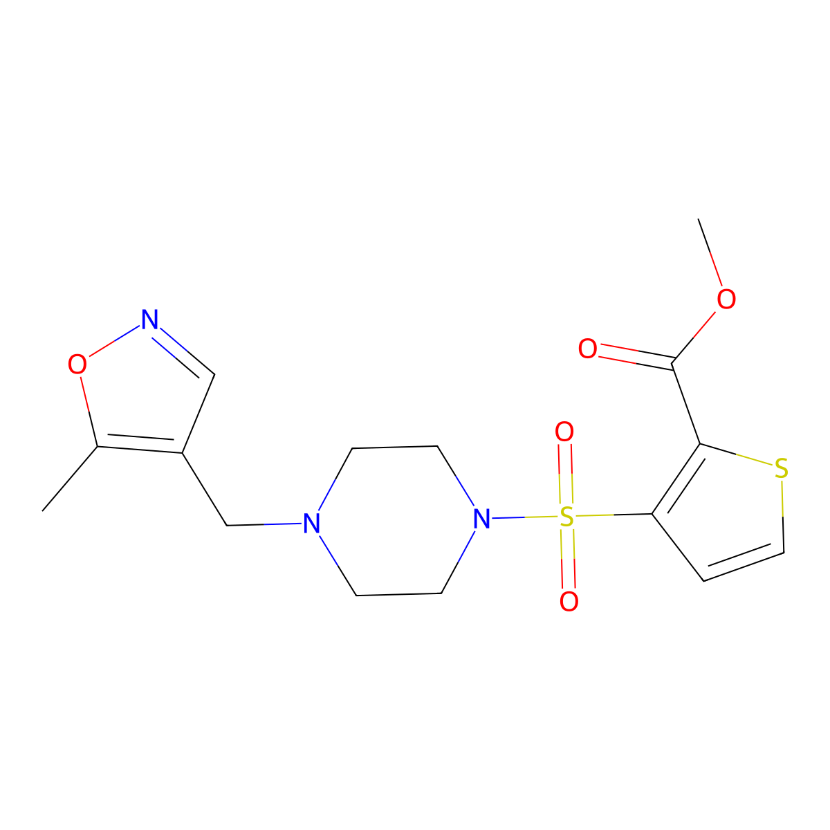 Methyl 3-((4-((5-methylisoxazol-4-yl)methyl)piperazin-1-yl)sulfonyl)thiophene-2-carboxylate molecular structure, CAS 2034244-75-0