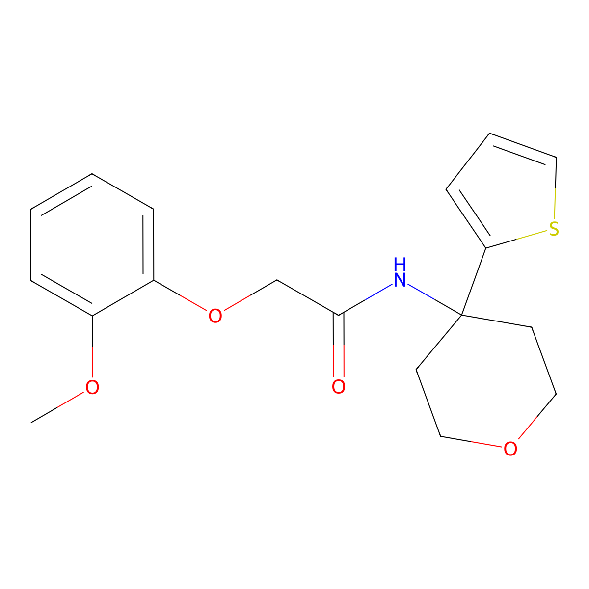2-(2-methoxyphenoxy)-N-(4-(thiophen-2-yl)tetrahydro-2H-pyran-4-yl)acetamide molecular structure, CAS 2034244-78-3
