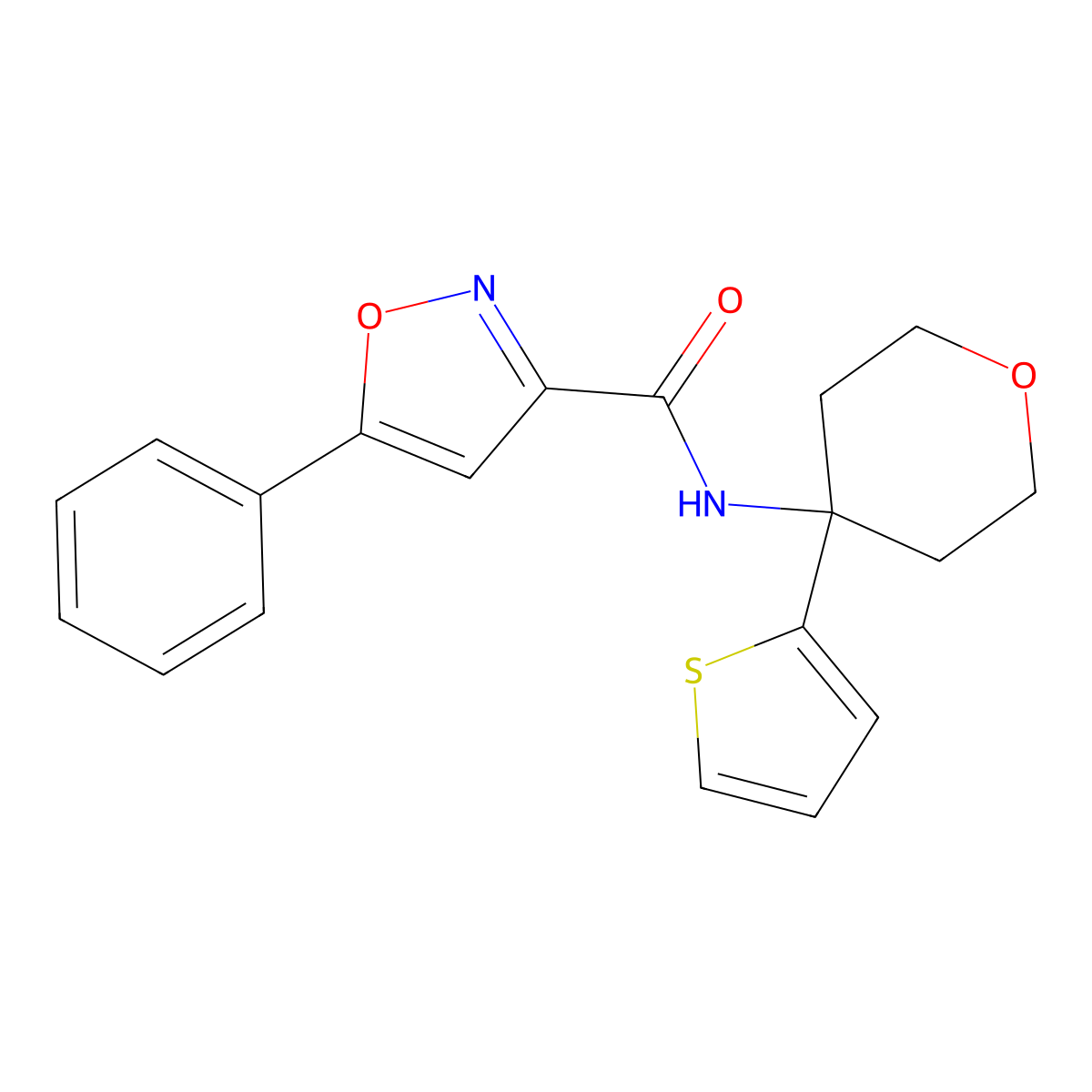 5-phenyl-N-(4-(thiophen-2-yl)tetrahydro-2H-pyran-4-yl)isoxazole-3-carboxamide molecular structure, CAS 2034244-81-8
