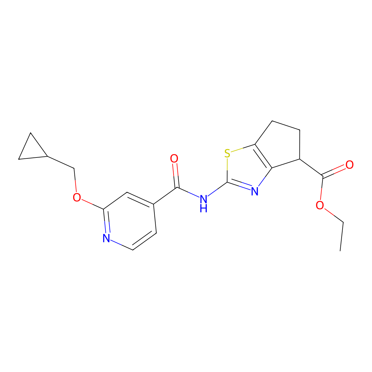 ethyl 2-(2-(cyclopropylmethoxy)isonicotinamido)-5,6-dihydro-4H-cyclopenta[d]thiazole-4-carboxylate molecular structure, CAS 2034244-82-9