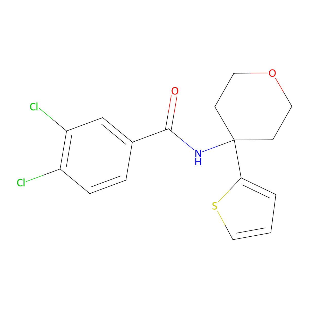 3,4-dichloro-N-(4-(thiophen-2-yl)tetrahydro-2H-pyran-4-yl)benzamide molecular structure, CAS 2034244-84-1