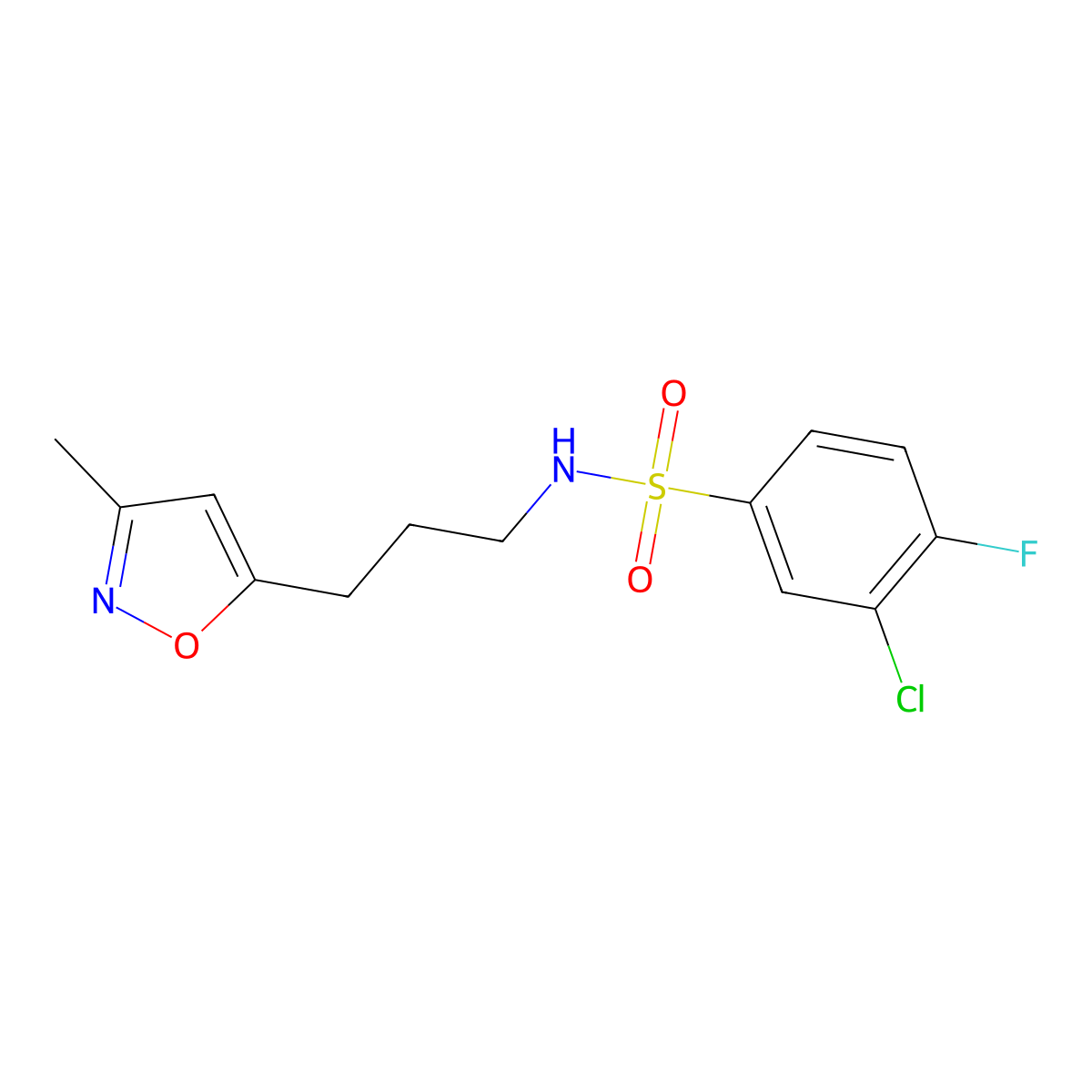 3-chloro-4-fluoro-N-(3-(3-methylisoxazol-5-yl)propyl)benzenesulfonamide molecular structure, CAS 2034244-91-0