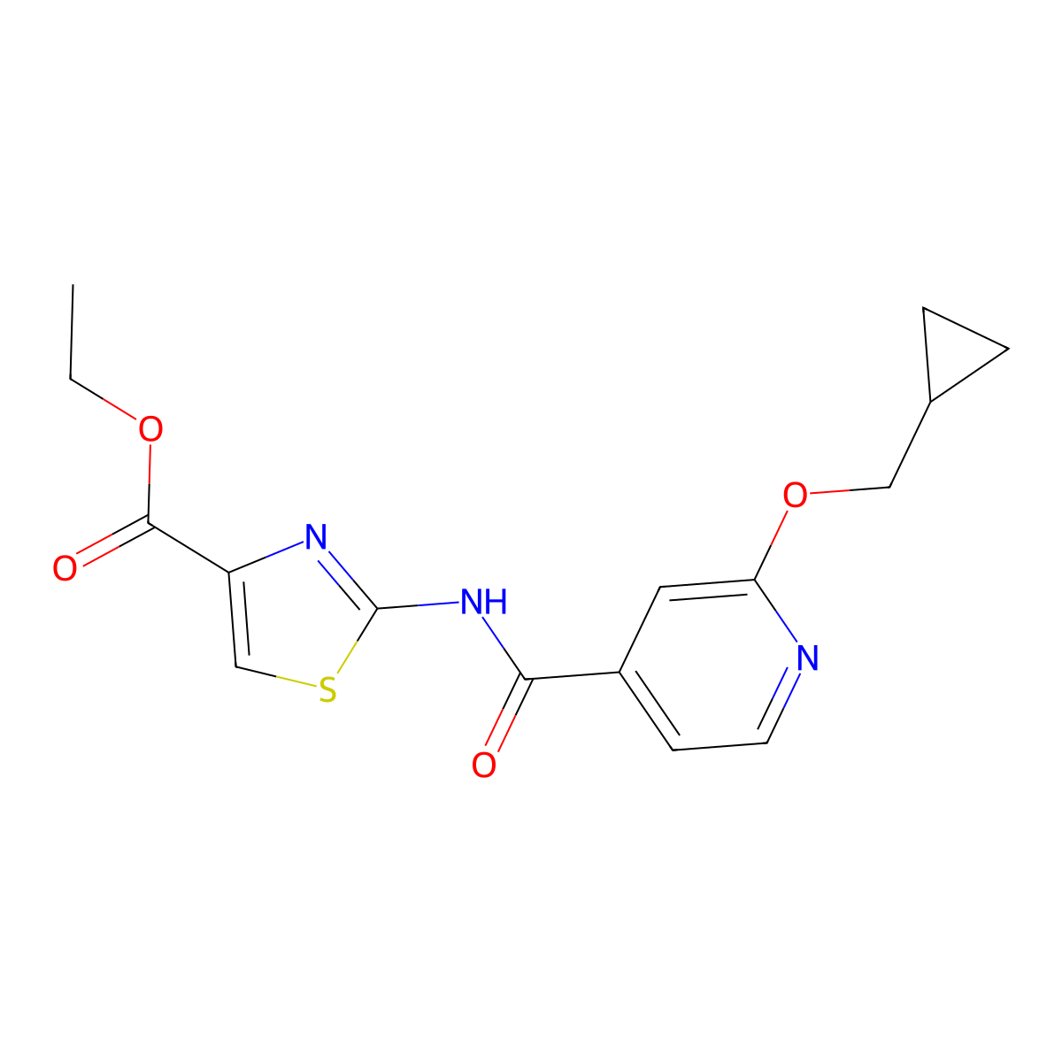 Ethyl 2-(2-(cyclopropylmethoxy)isonicotinamido)thiazole-4-carboxylate molecular structure, CAS 2034244-93-2