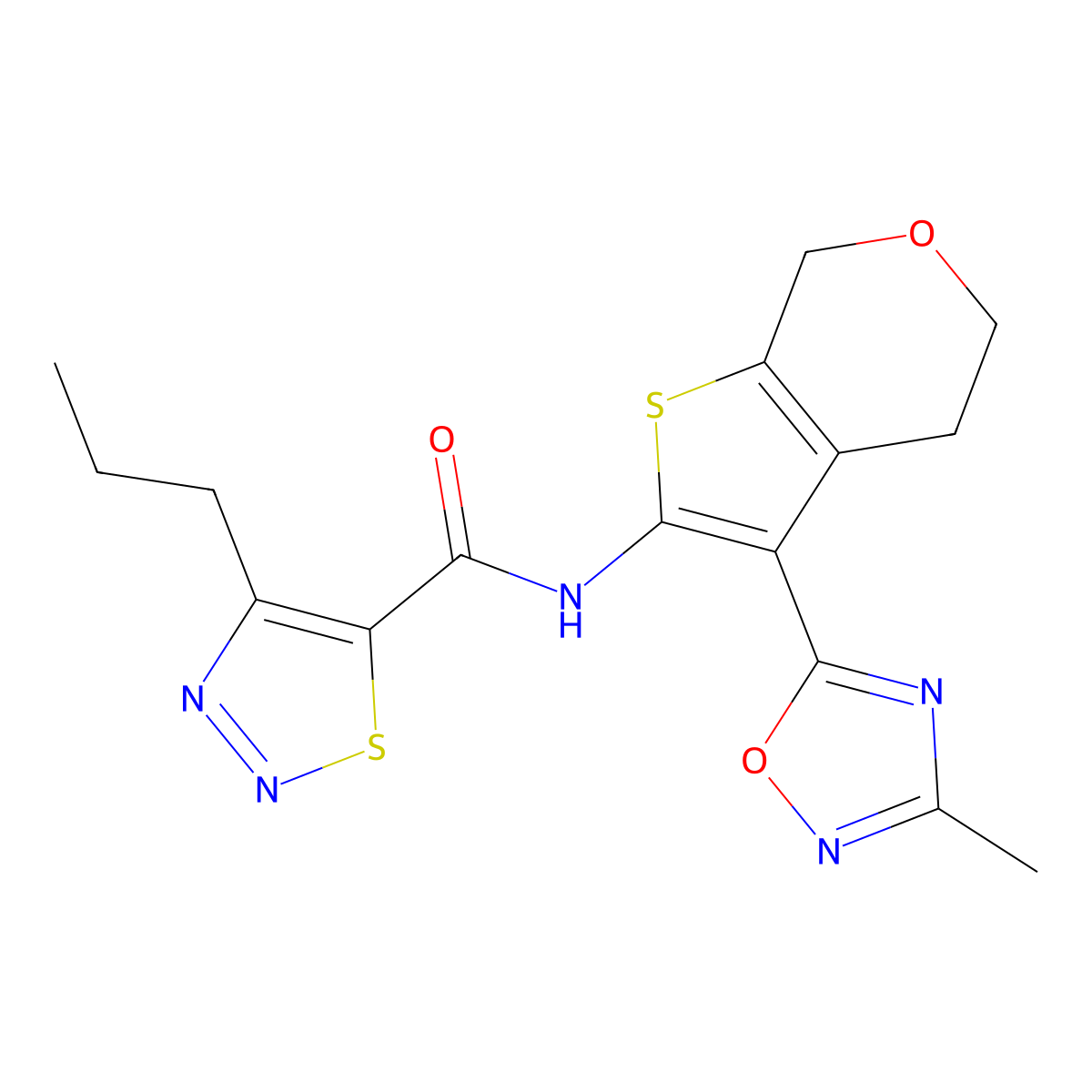 N-(3-(3-methyl-1,2,4-oxadiazol-5-yl)-5,7-dihydro-4H-thieno[2,3-c]pyran-2-yl)-4-propyl-1,2,3-thiadiazole-5-carboxamide molecular structure, CAS 2034245-02-6