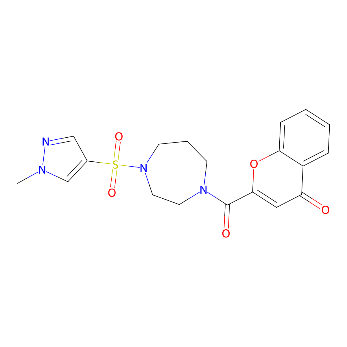 2-(4-((1-methyl-1H-pyrazol-4-yl)sulfonyl)-1,4-diazepane-1-carbonyl)-4H-chromen-4-one molecular structure, CAS 2034245-09-3