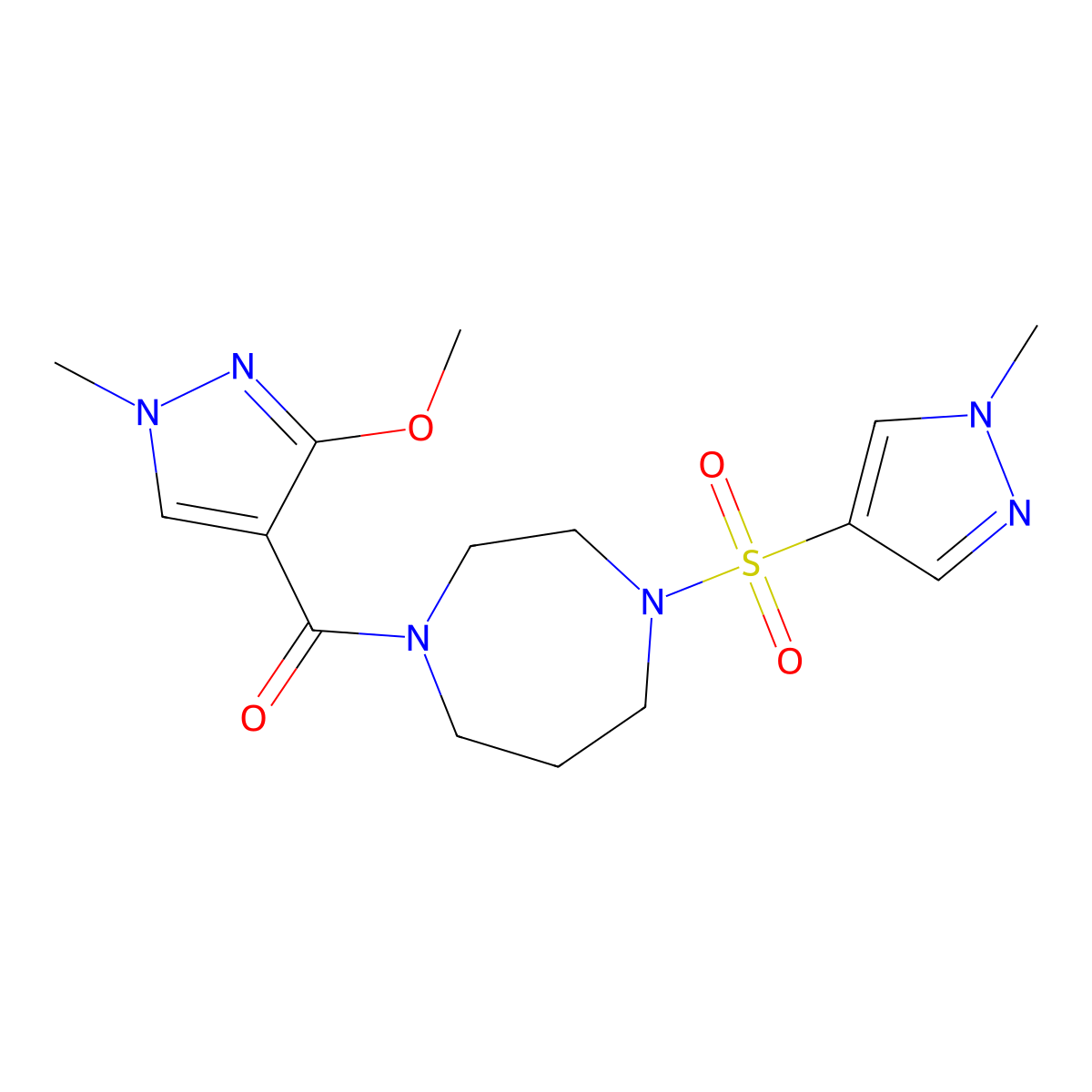 (3-methoxy-1-methyl-1H-pyrazol-4-yl)(4-((1-methyl-1H-pyrazol-4-yl)sulfonyl)-1,4-diazepan-1-yl)methanone molecular structure, CAS 2034245-10-6