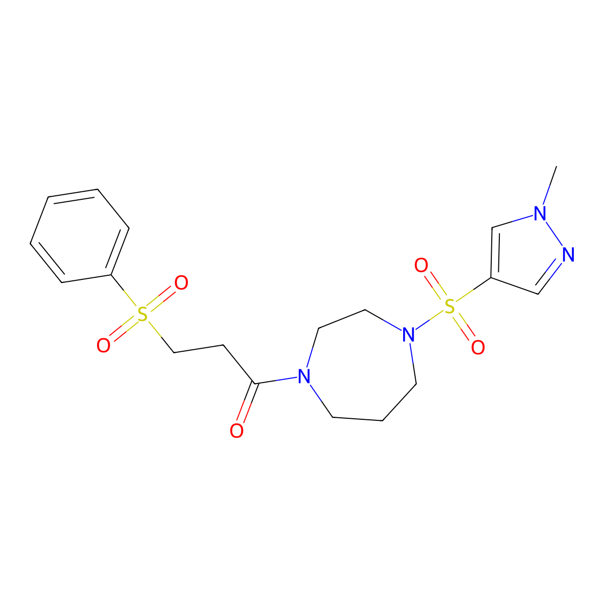 1-(4-((1-methyl-1H-pyrazol-4-yl)sulfonyl)-1,4-diazepan-1-yl)-3-(phenylsulfonyl)propan-1-one molecular structure, CAS 2034245-12-8