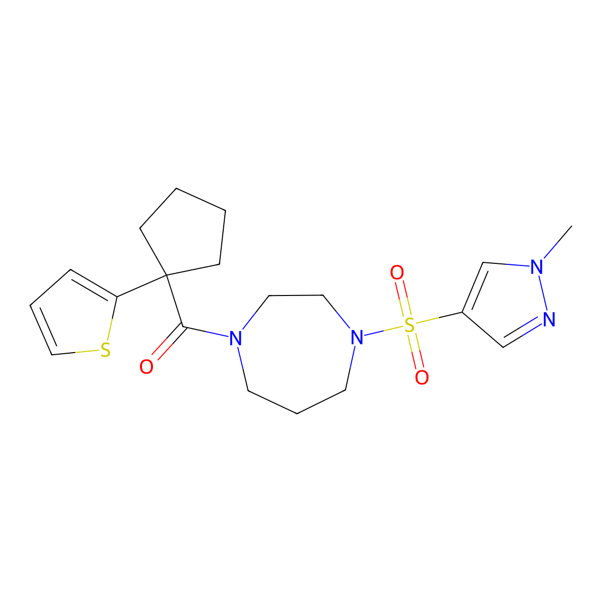 (4-((1-methyl-1H-pyrazol-4-yl)sulfonyl)-1,4-diazepan-1-yl)(1-(thiophen-2-yl)cyclopentyl)methanone molecular structure, CAS 2034245-14-0