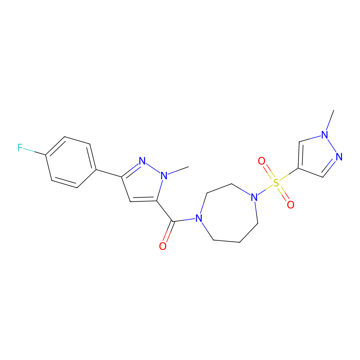 (3-(4-fluorophenyl)-1-methyl-1H-pyrazol-5-yl)(4-((1-methyl-1H-pyrazol-4-yl)sulfonyl)-1,4-diazepan-1-yl)methanone molecular structure, CAS 2034245-15-1