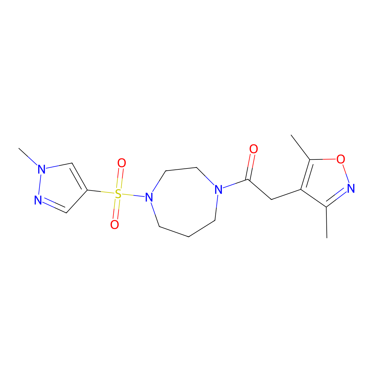 2-(3,5-dimethylisoxazol-4-yl)-1-(4-((1-methyl-1H-pyrazol-4-yl)sulfonyl)-1,4-diazepan-1-yl)ethanone molecular structure, CAS 2034245-16-2