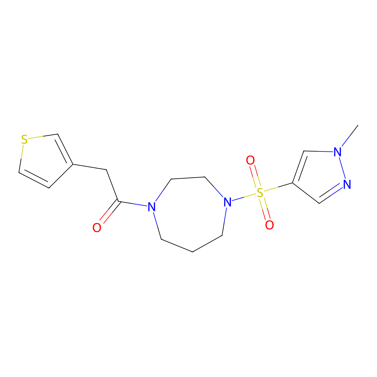 1-(4-((1-methyl-1H-pyrazol-4-yl)sulfonyl)-1,4-diazepan-1-yl)-2-(thiophen-3-yl)ethanone molecular structure, CAS 2034245-20-8