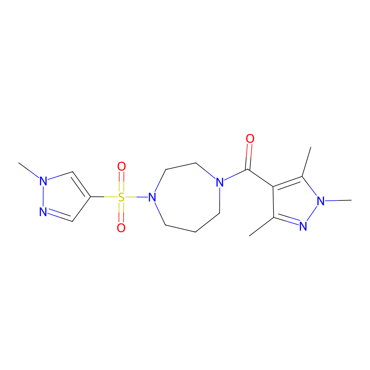 (4-((1-methyl-1H-pyrazol-4-yl)sulfonyl)-1,4-diazepan-1-yl)(1,3,5-trimethyl-1H-pyrazol-4-yl)methanone molecular structure, CAS 2034245-23-1