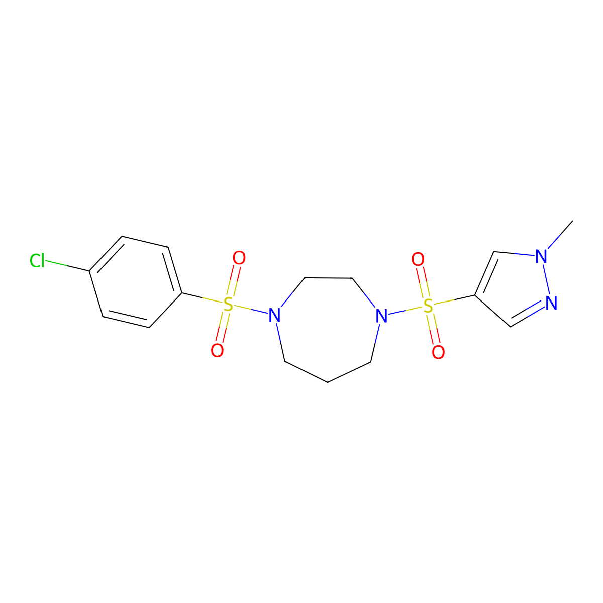 1-((4-chlorophenyl)sulfonyl)-4-((1-methyl-1H-pyrazol-4-yl)sulfonyl)-1,4-diazepane molecular structure, CAS 2034245-27-5