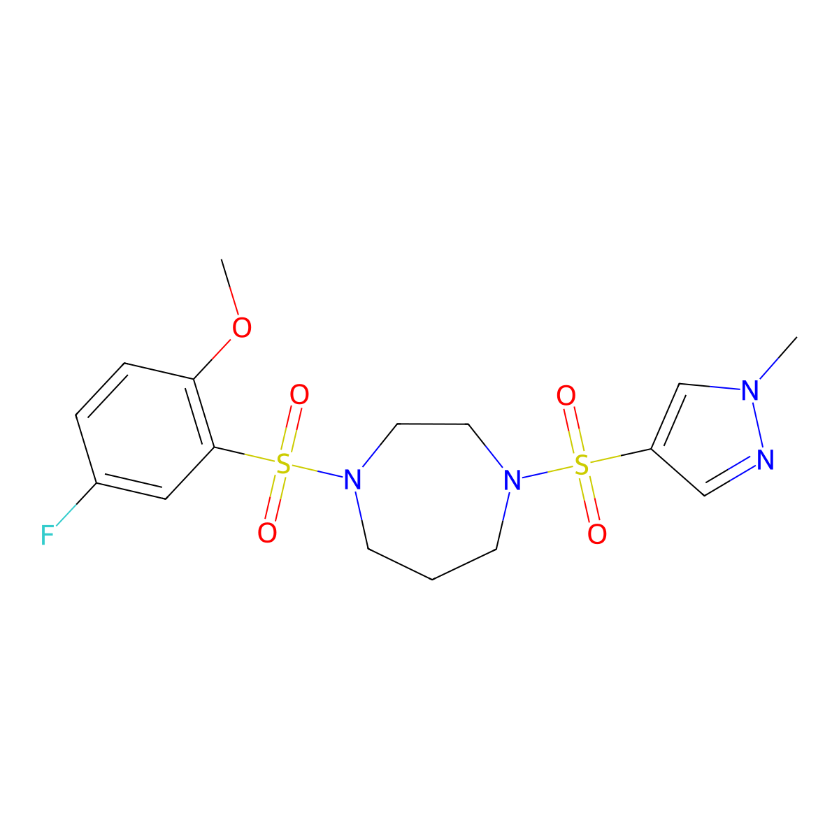 1-((5-fluoro-2-methoxyphenyl)sulfonyl)-4-((1-methyl-1H-pyrazol-4-yl)sulfonyl)-1,4-diazepane molecular structure, CAS 2034245-29-7