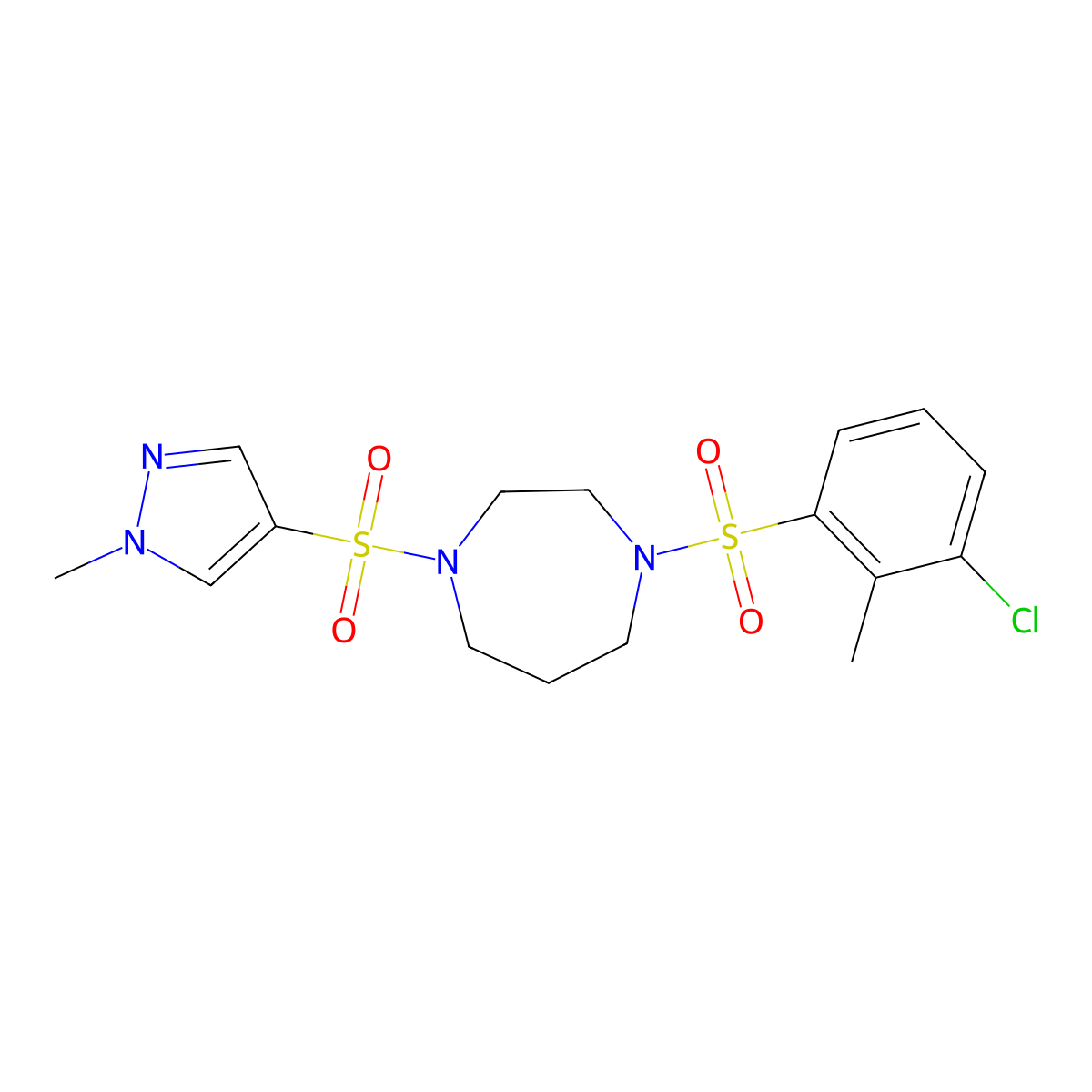 1-((3-chloro-2-methylphenyl)sulfonyl)-4-((1-methyl-1H-pyrazol-4-yl)sulfonyl)-1,4-diazepane molecular structure, CAS 2034245-30-0