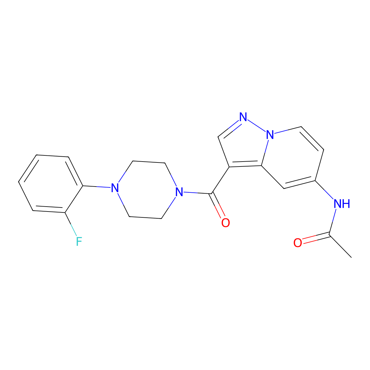 N-(3-(4-(2-fluorophenyl)piperazine-1-carbonyl)pyrazolo[1,5-a]pyridin-5-yl)acetamide molecular structure, CAS 2034245-63-9