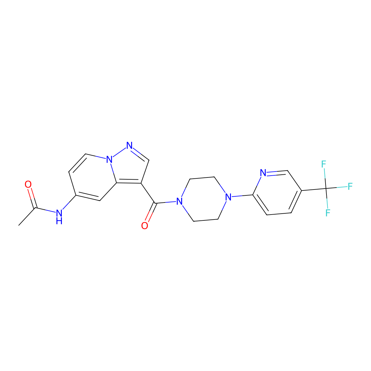 N-(3-{4-[5-(trifluoromethyl)pyridin-2-yl]piperazine-1-carbonyl}pyrazolo[1,5-a]pyridin-5-yl)acetamide molecular structure, CAS 2034245-68-4