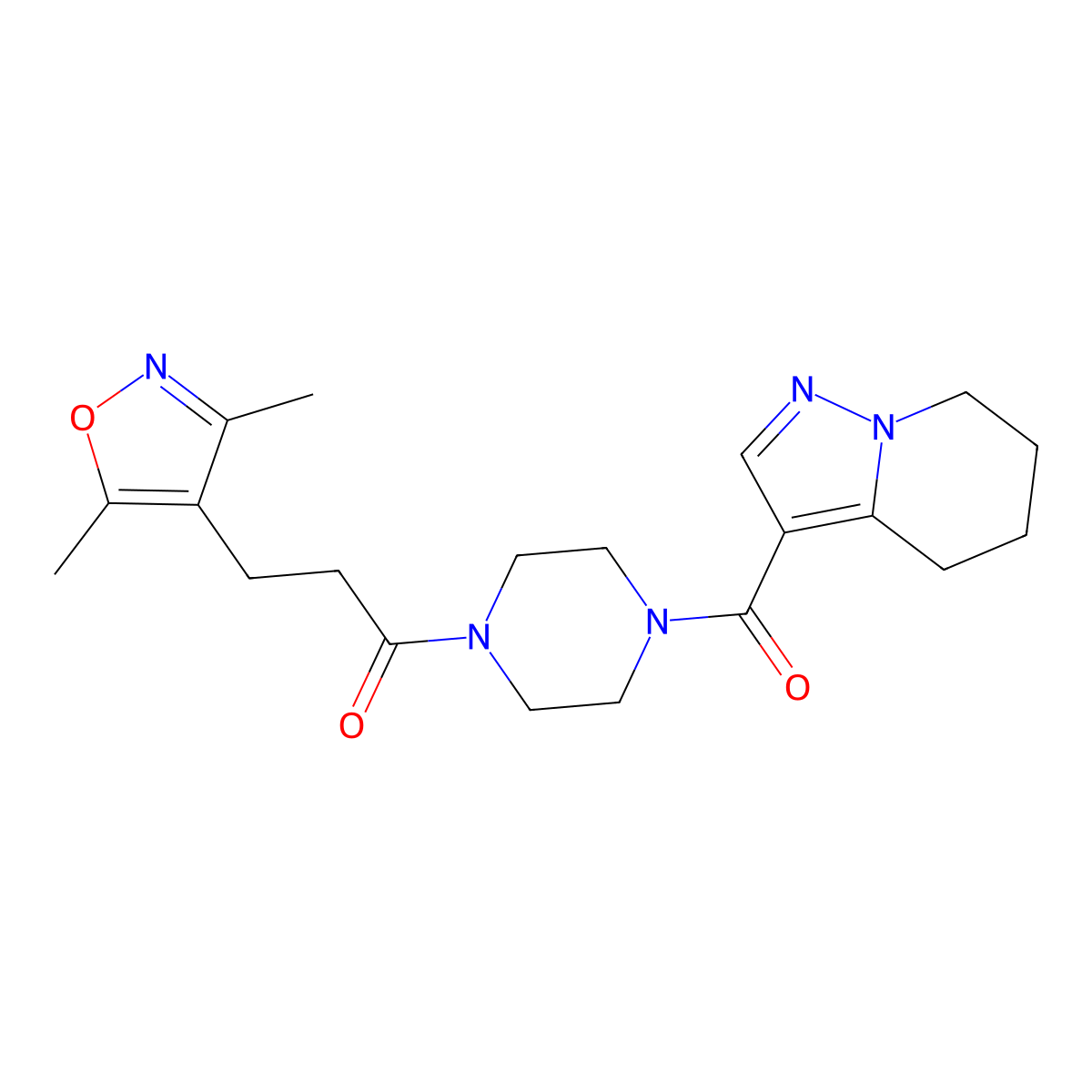 3-(3,5-Dimethylisoxazol-4-yl)-1-(4-(4,5,6,7-tetrahydropyrazolo[1,5-a]pyridine-3-carbonyl)piperazin-1-yl)propan-1-one molecular structure, CAS 2034245-70-8