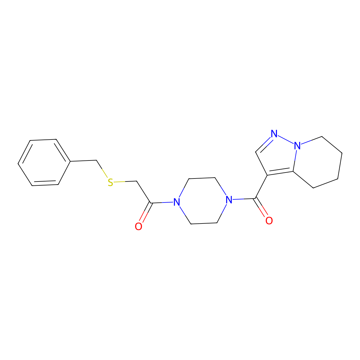 2-(Benzylthio)-1-(4-(4,5,6,7-tetrahydropyrazolo[1,5-a]pyridine-3-carbonyl)piperazin-1-yl)ethanone molecular structure, CAS 2034245-75-3