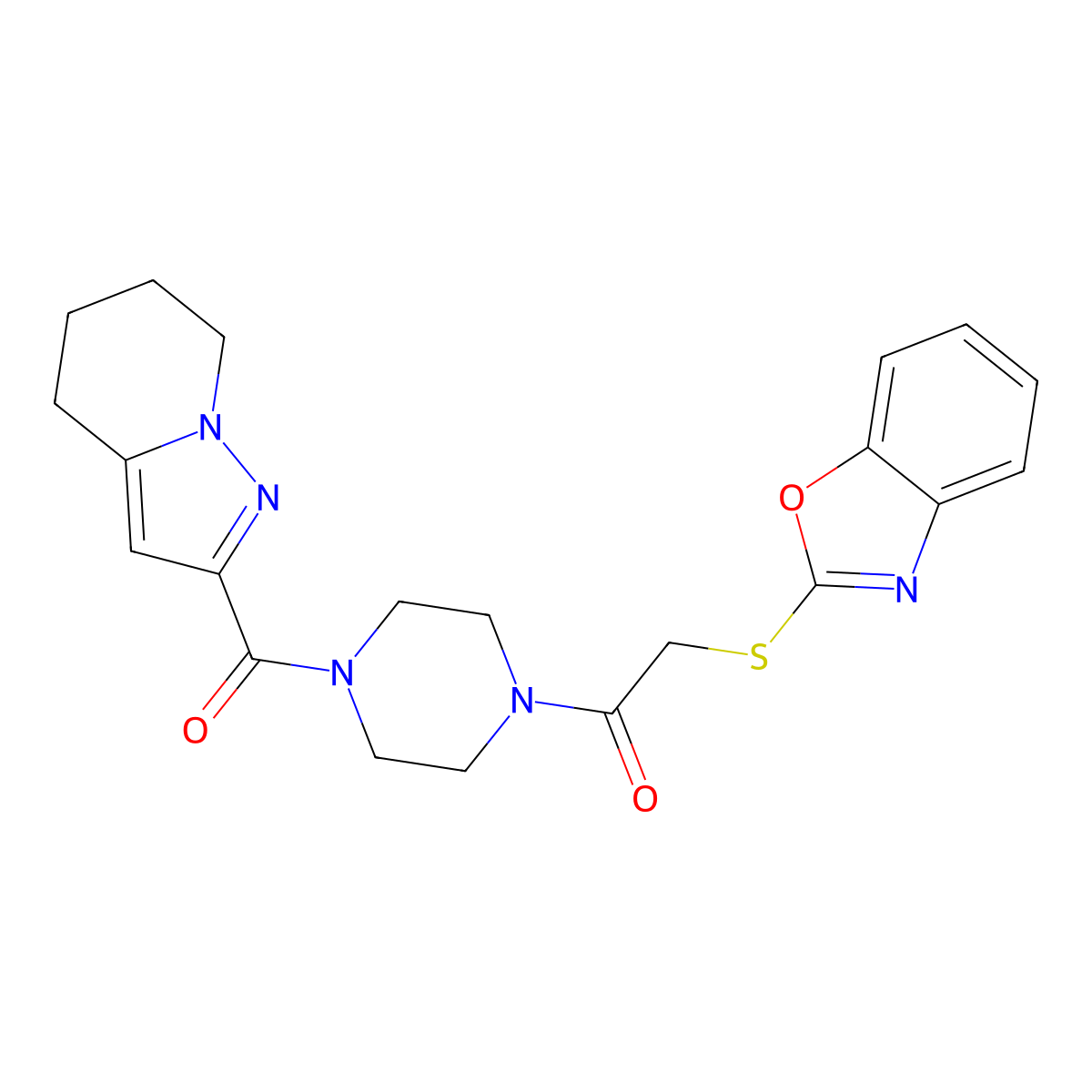 2-(Benzo[d]oxazol-2-ylthio)-1-(4-(4,5,6,7-tetrahydropyrazolo[1,5-a]pyridine-2-carbonyl)piperazin-1-yl)ethanone molecular structure, CAS 2034245-77-5