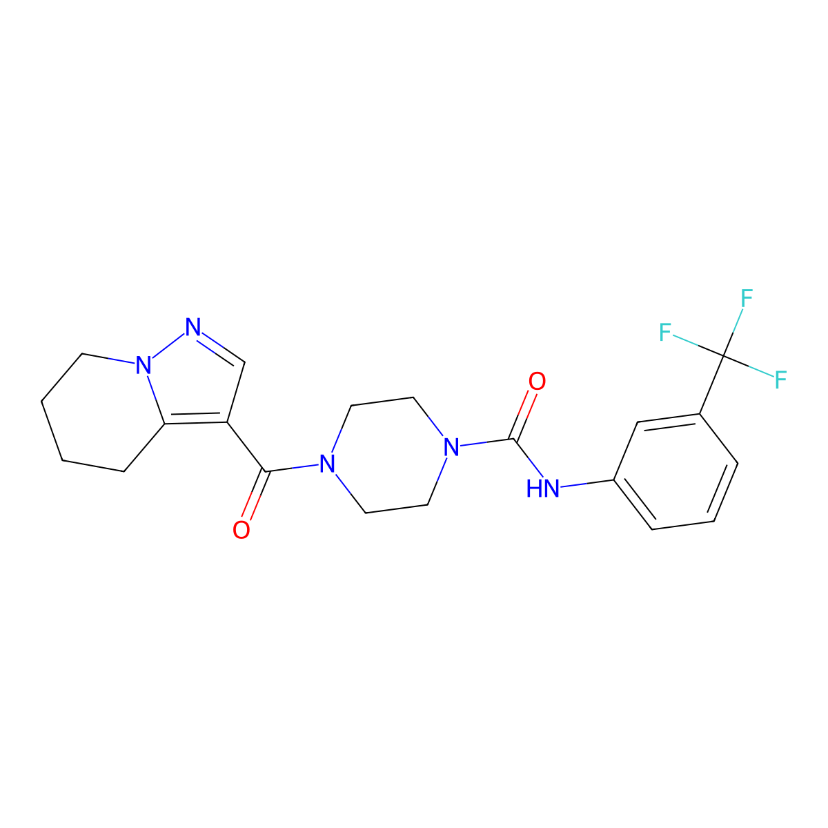 4-(4,5,6,7-tetrahydropyrazolo[1,5-a]pyridine-3-carbonyl)-N-(3-(trifluoromethyl)phenyl)piperazine-1-carboxamide molecular structure, CAS 2034245-80-0