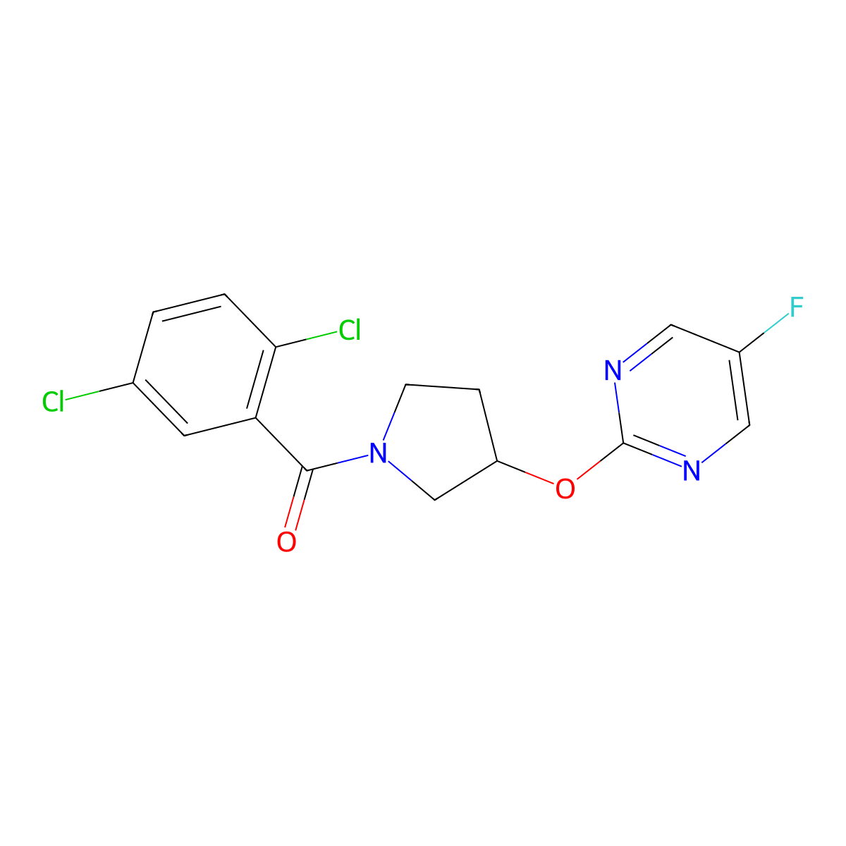(2,5-Dichlorophenyl)(3-((5-fluoropyrimidin-2-yl)oxy)pyrrolidin-1-yl)methanone molecular structure, CAS 2034246-19-8