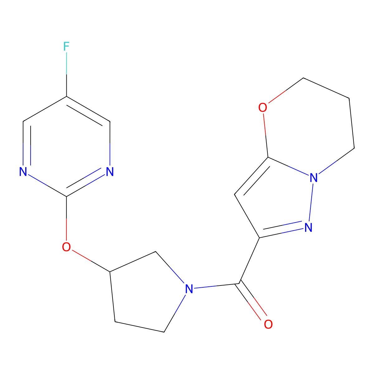 (6,7-dihydro-5H-pyrazolo[5,1-b][1,3]oxazin-2-yl)(3-((5-fluoropyrimidin-2-yl)oxy)pyrrolidin-1-yl)methanone molecular structure, CAS 2034246-27-8