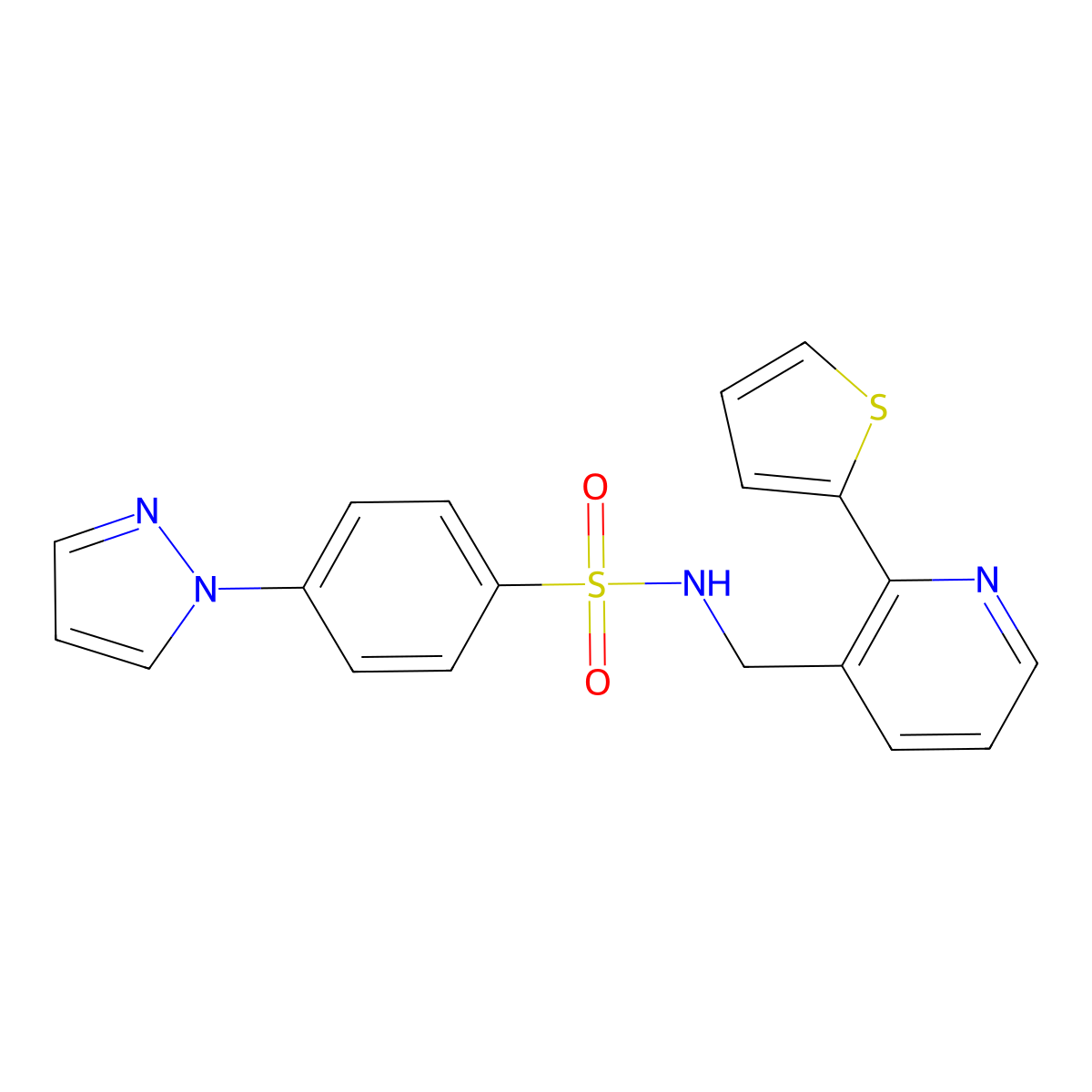 4-(1H-pyrazol-1-yl)-N-((2-(thiophen-2-yl)pyridin-3-yl)methyl)benzenesulfonamide molecular structure, CAS 2034246-40-5