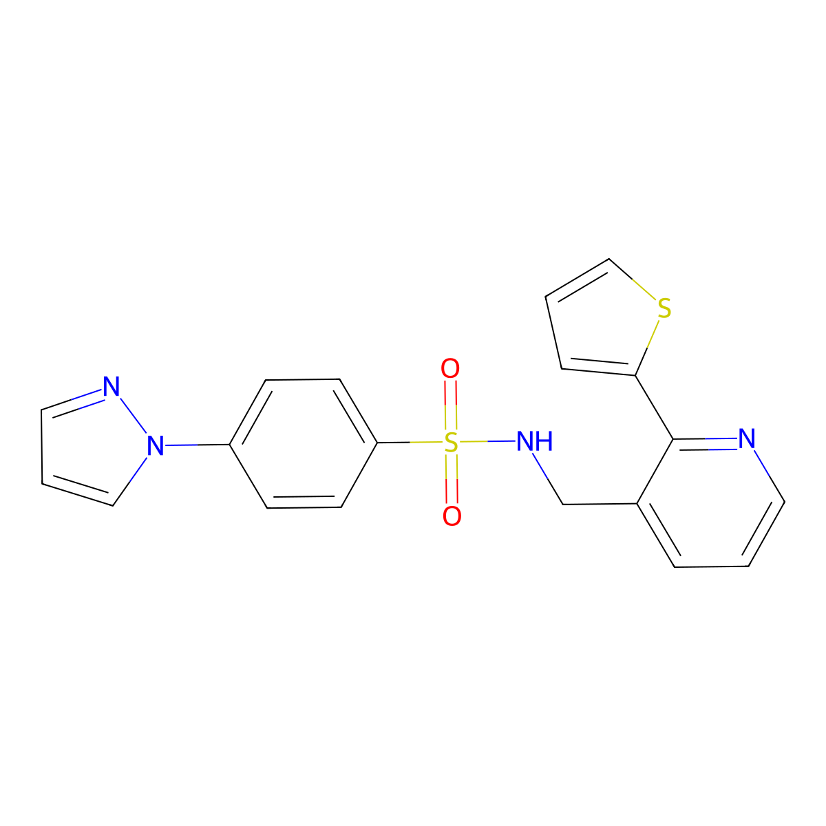 4-(1H-pyrazol-1-yl)-N-((2-(thiophen-2-yl)pyridin-3-yl)methyl)benzenesulfonamide molecular structure, CAS 2034246-40-5