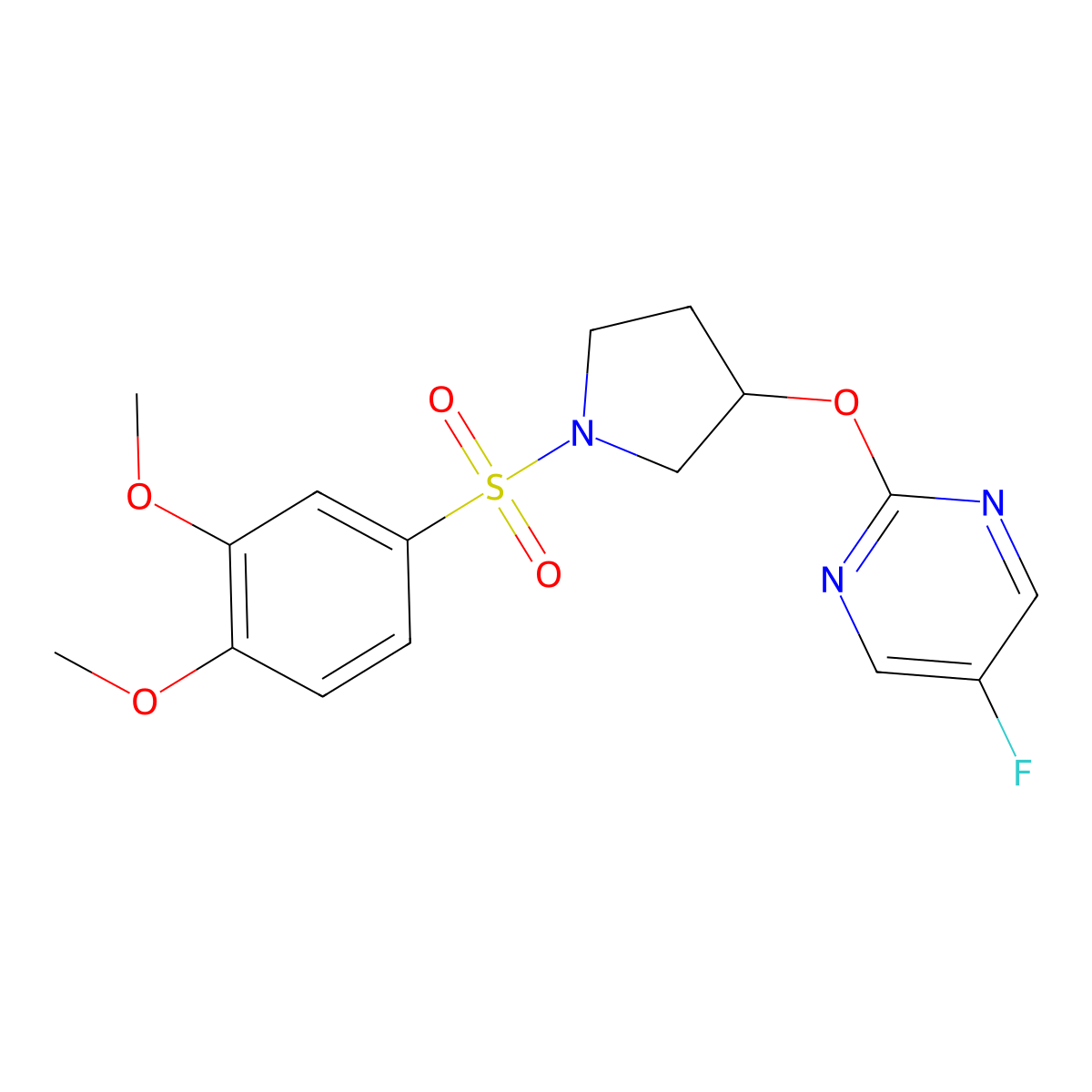 2-((1-((3,4-Dimethoxyphenyl)sulfonyl)pyrrolidin-3-yl)oxy)-5-fluoropyrimidine molecular structure, CAS 2034246-46-1