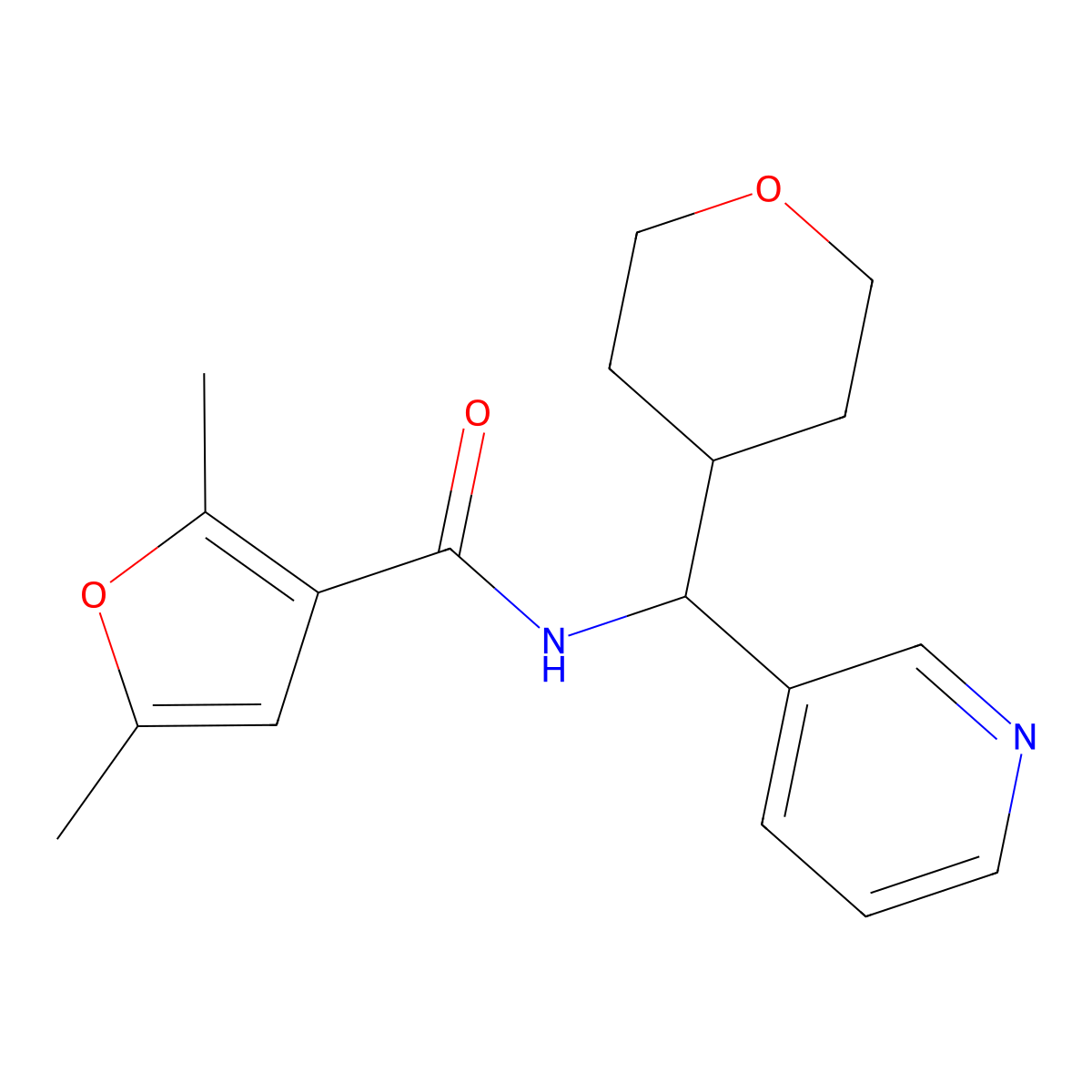 2,5-dimethyl-N-(pyridin-3-yl(tetrahydro-2H-pyran-4-yl)methyl)furan-3-carboxamide molecular structure, CAS 2034246-90-5