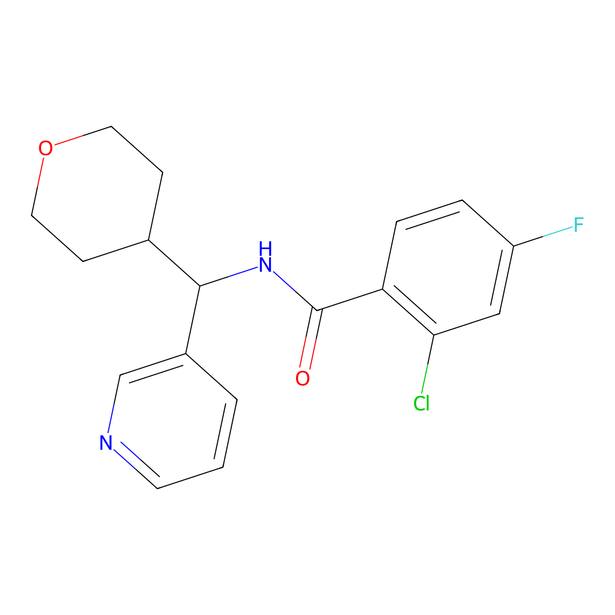 2-chloro-4-fluoro-N-(pyridin-3-yl(tetrahydro-2H-pyran-4-yl)methyl)benzamide molecular structure, CAS 2034247-02-2