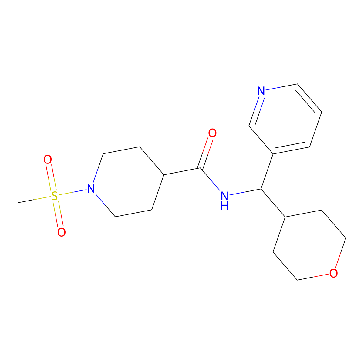 1-(methylsulfonyl)-N-(pyridin-3-yl(tetrahydro-2H-pyran-4-yl)methyl)piperidine-4-carboxamide molecular structure, CAS 2034247-18-0