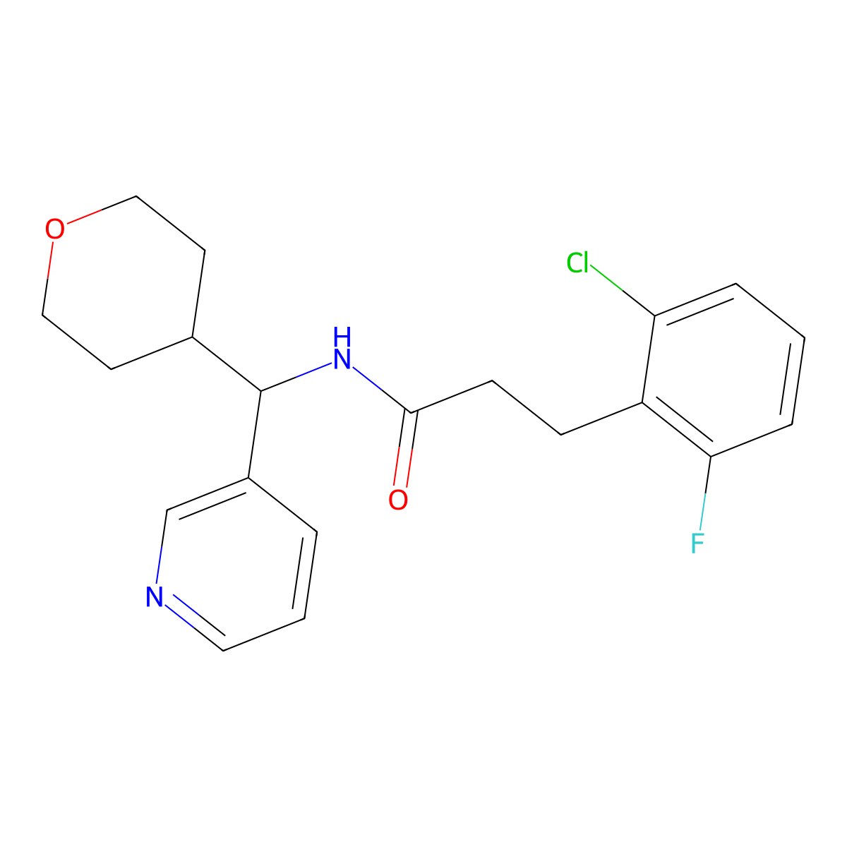 3-(2-chloro-6-fluorophenyl)-N-(pyridin-3-yl(tetrahydro-2H-pyran-4-yl)methyl)propanamide molecular structure, CAS 2034247-24-8