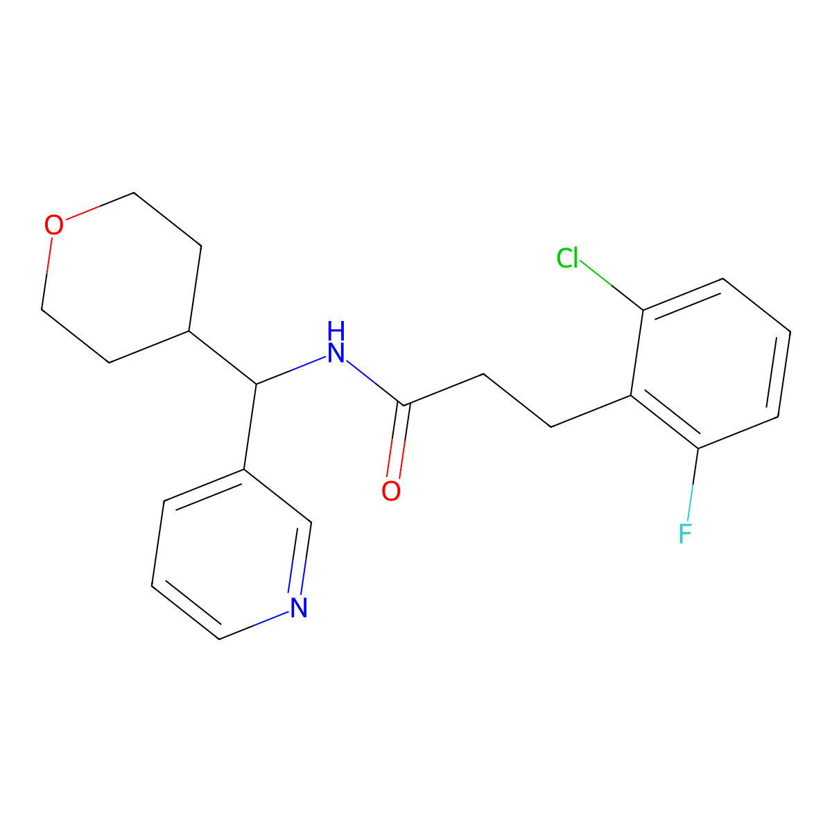 3-(2-chloro-6-fluorophenyl)-N-(pyridin-3-yl(tetrahydro-2H-pyran-4-yl)methyl)propanamide molecular structure, CAS 2034247-24-8