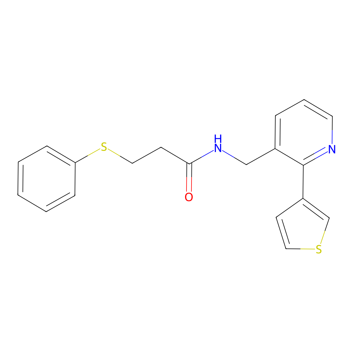 3-(phenylthio)-N-((2-(thiophen-3-yl)pyridin-3-yl)methyl)propanamide molecular structure, CAS 2034247-78-2