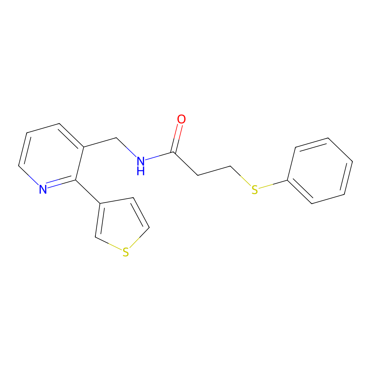 3-(phenylthio)-N-((2-(thiophen-3-yl)pyridin-3-yl)methyl)propanamide molecular structure, CAS 2034247-78-2
