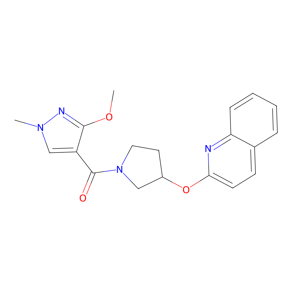 (3-methoxy-1-methyl-1H-pyrazol-4-yl)(3-(quinolin-2-yloxy)pyrrolidin-1-yl)methanone molecular structure, CAS 2034247-80-6